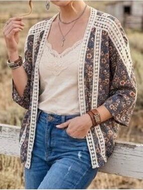 EMBER Sheer Blue & White Floral Batwing Cardigan Crochet Lace Trim Size Large